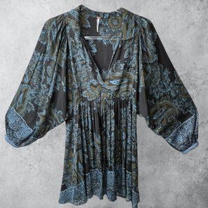 Free People Dress Women's Medium  Bohemian Blue Paisley Satin Mini Dress